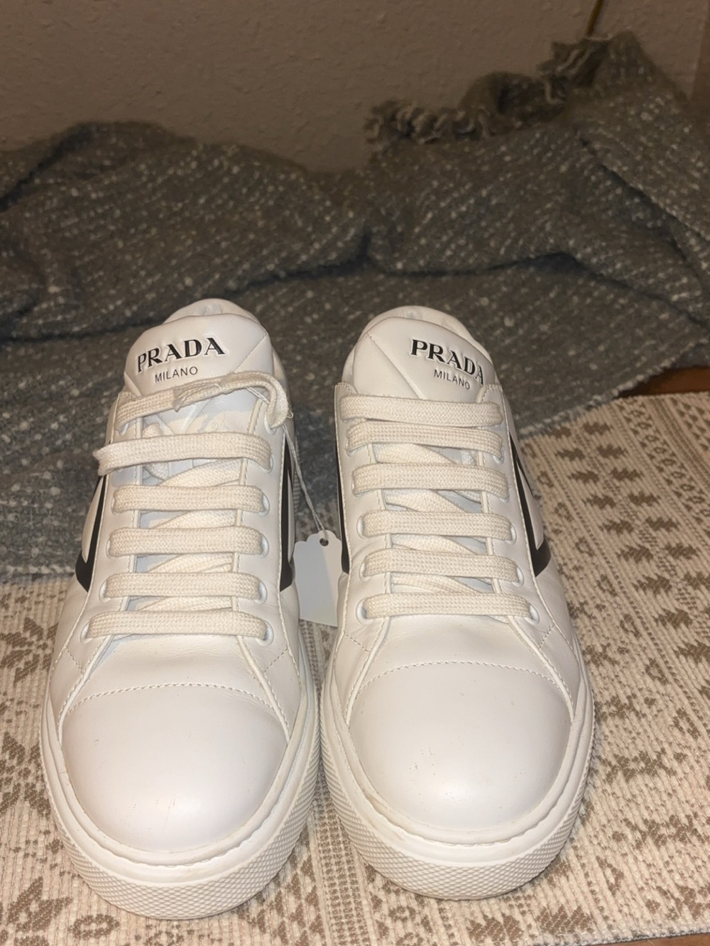 Prada White Leather Low-Top Sneakers with Black Logo